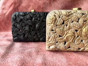 Carved wood clutch with delicate roses and leaves in vintage gold finish