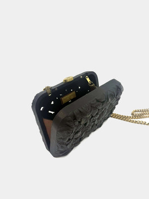 Carved wood clutch with delicate roses and leaves in black finish