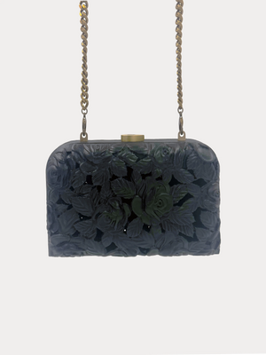 Carved wood clutch with delicate roses and leaves in black finish