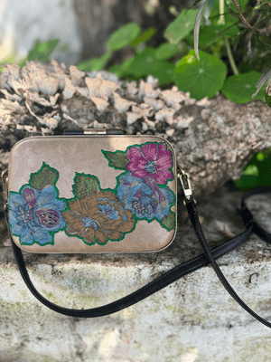 Vegan leather box clutch with silk applique and beaded roses