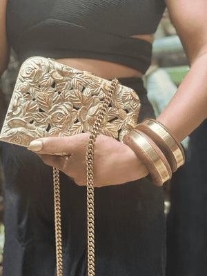 Carved wood clutch with delicate roses and leaves in vintage gold finish