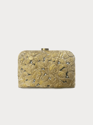 Carved wood clutch with delicate roses and leaves in vintage gold finish