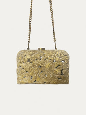 Carved wood clutch with delicate roses and leaves in vintage gold finish