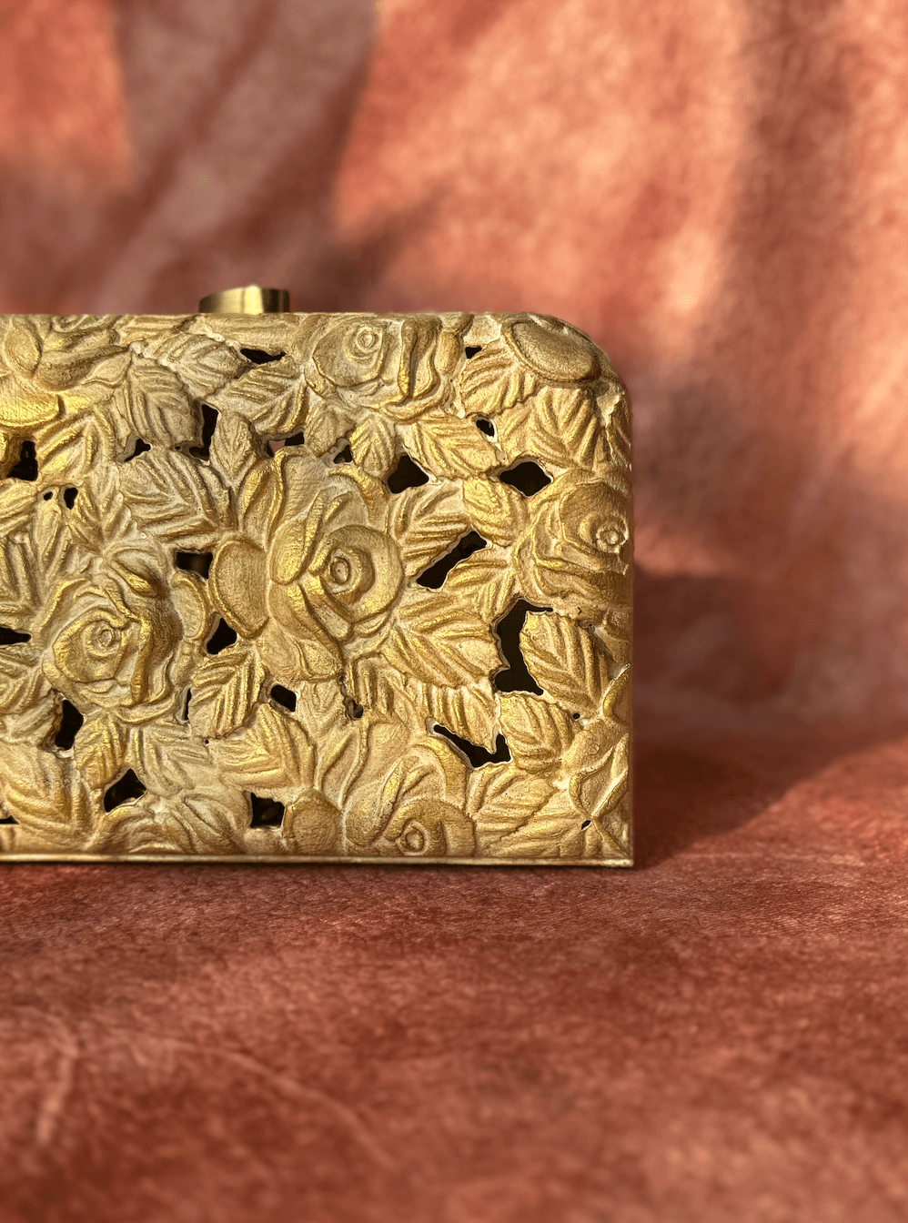 Carved wood clutch with delicate roses and leaves in vintage gold finish