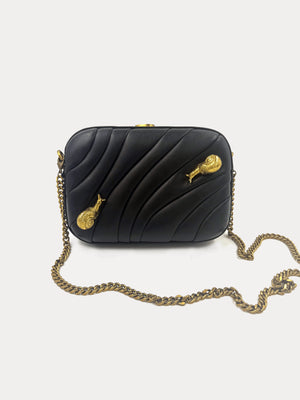 vegan leather puffed box clutch bag with brass snails