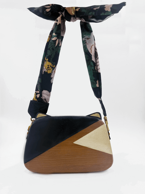 Cat shaped wooden clutch bag with cat ears and gold and black paint