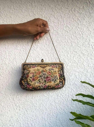 Enamelled 1930's Gilt Frame Petit Point Floral Purse - Rachana Reddy