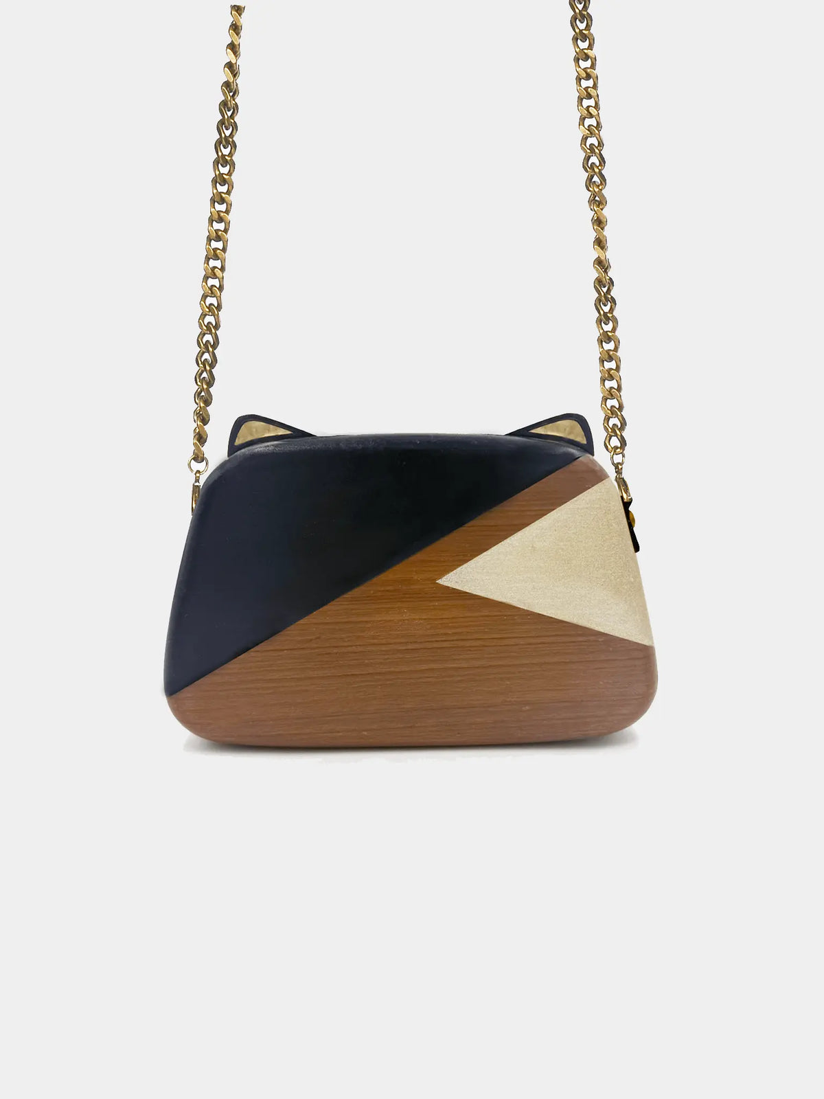 Cat shaped wooden clutch bag with cat ears and gold and black paint