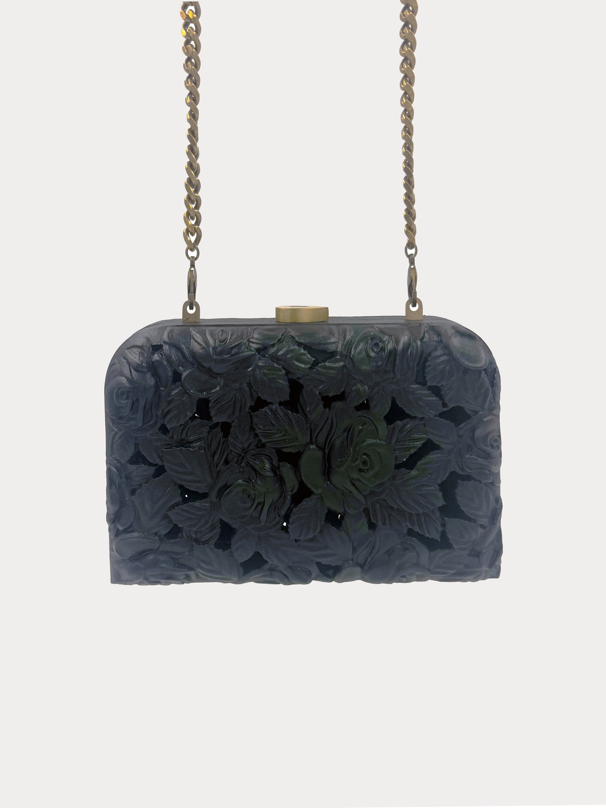 Carved wood clutch with delicate roses and leaves in black finish