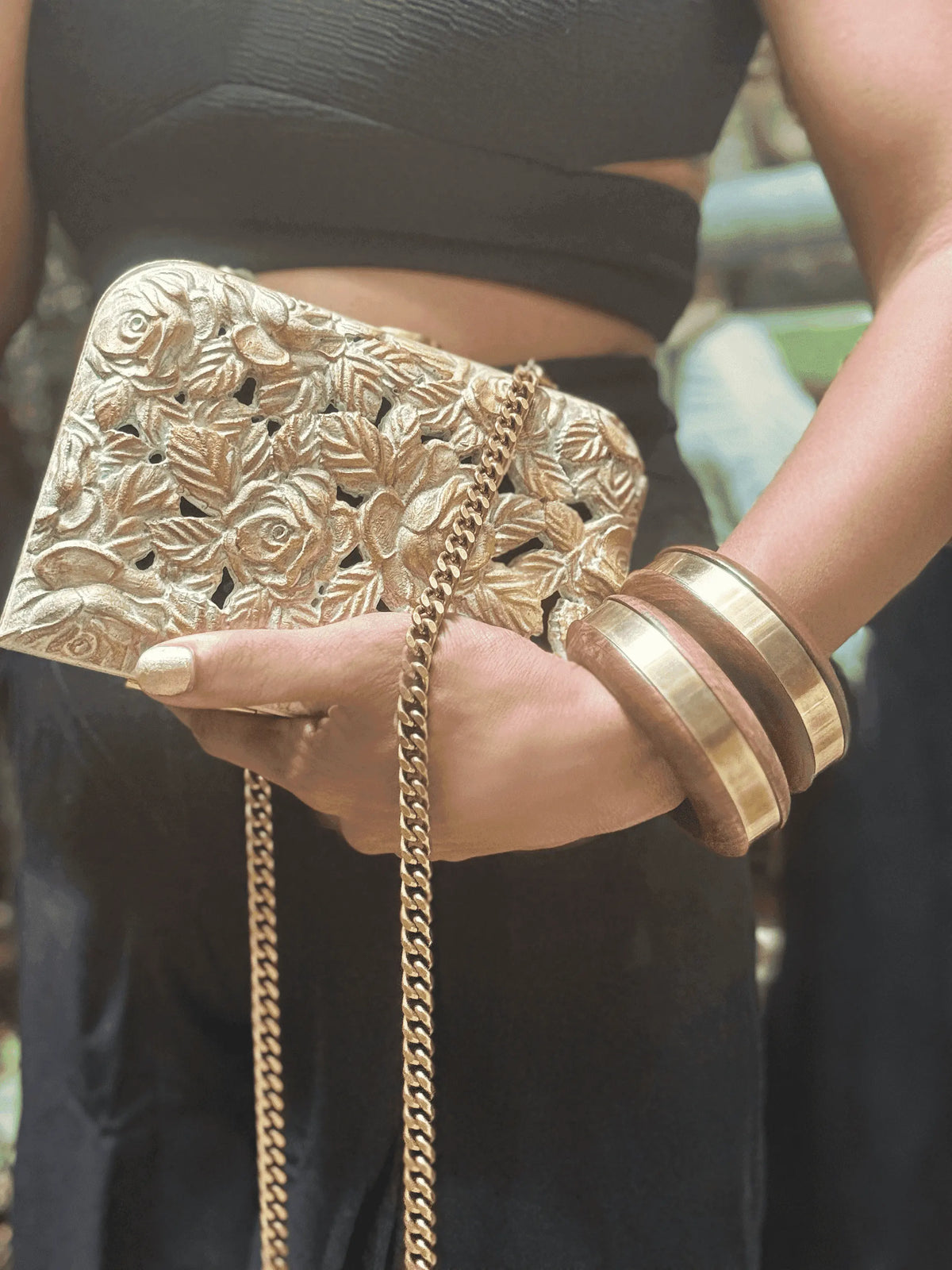 Carved wood clutch with delicate roses and leaves in vintage gold finish