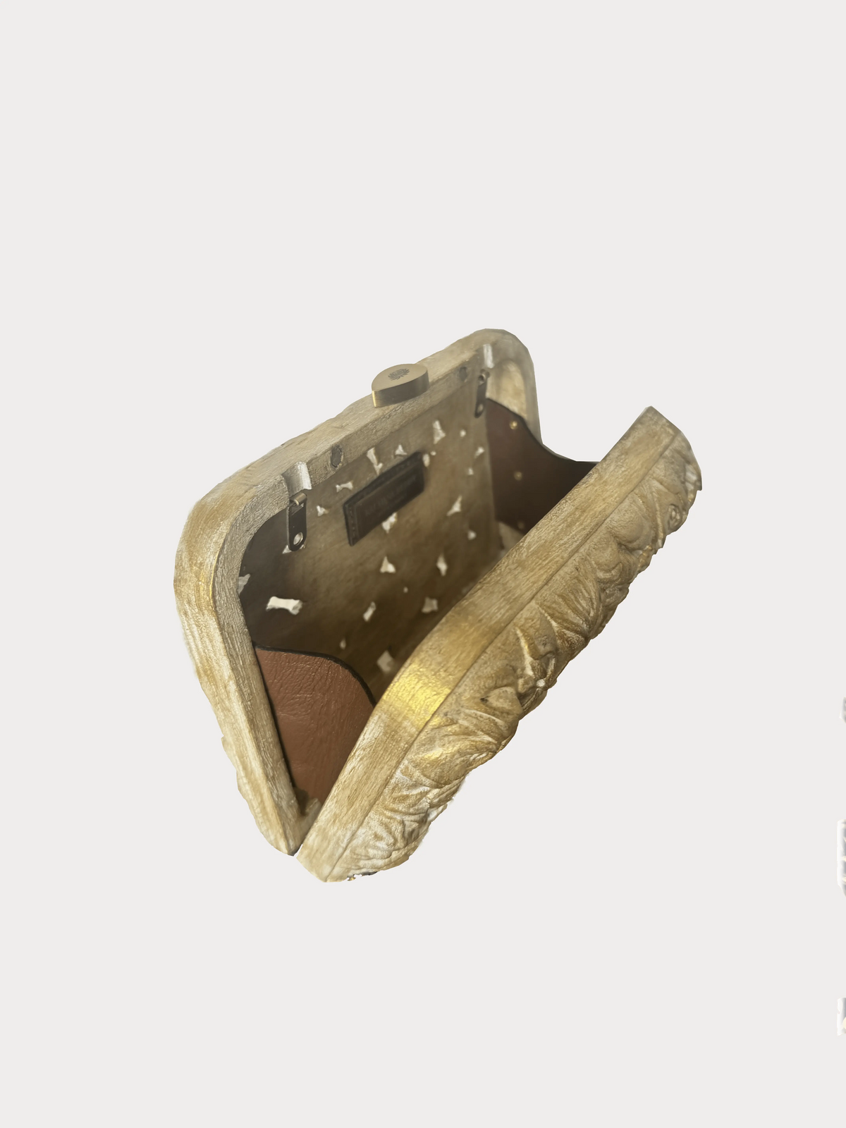 Carved wood clutch with delicate roses and leaves in vintage gold finish