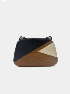 Cat shaped wooden clutch bag with cat ears and gold and black paint