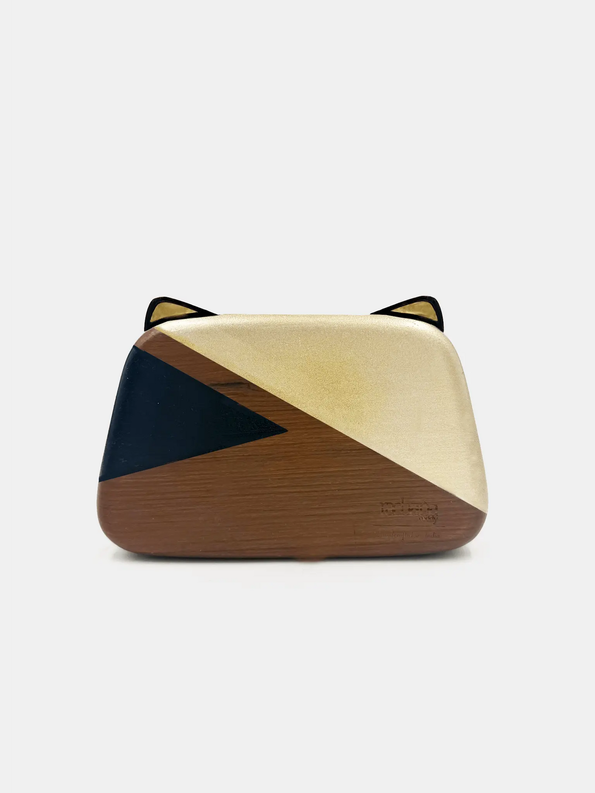 Cat shaped wooden clutch bag with cat ears and gold and black paint