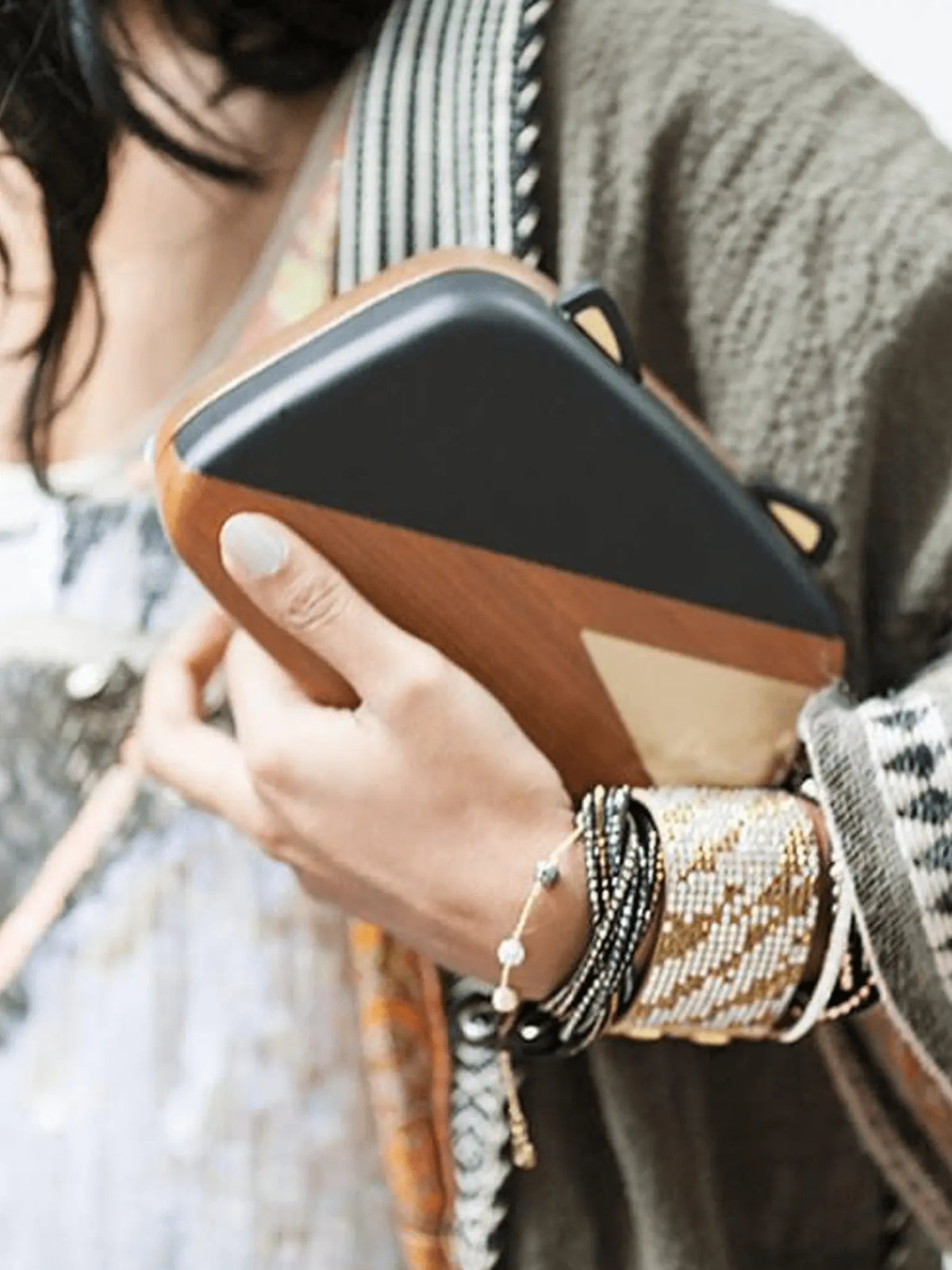 Cat shaped wooden clutch bag with cat ears and gold and black paint