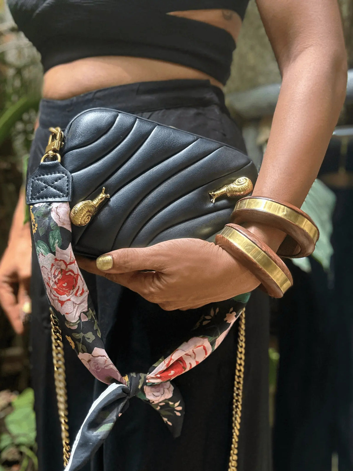 vegan leather puffed box clutch bag with brass snails
