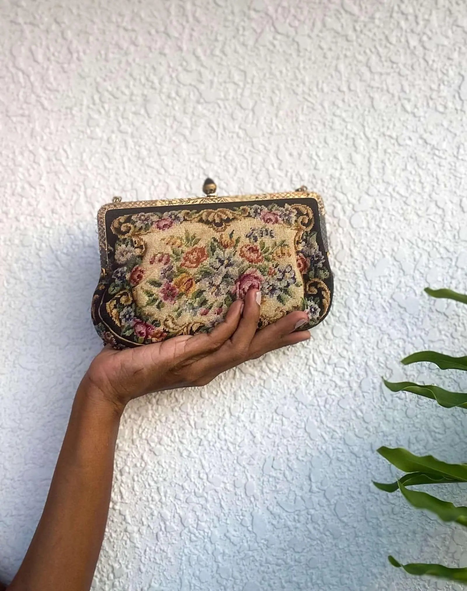 Enamelled 1930's Gilt Frame Petit Point Floral Purse - Rachana Reddy