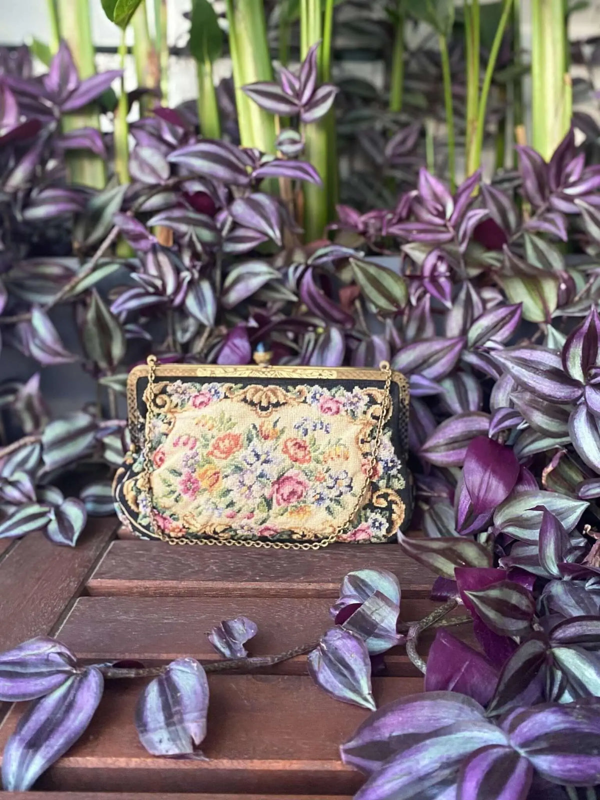 Enamelled 1930's Gilt Frame Petit Point Floral Purse - Rachana Reddy
