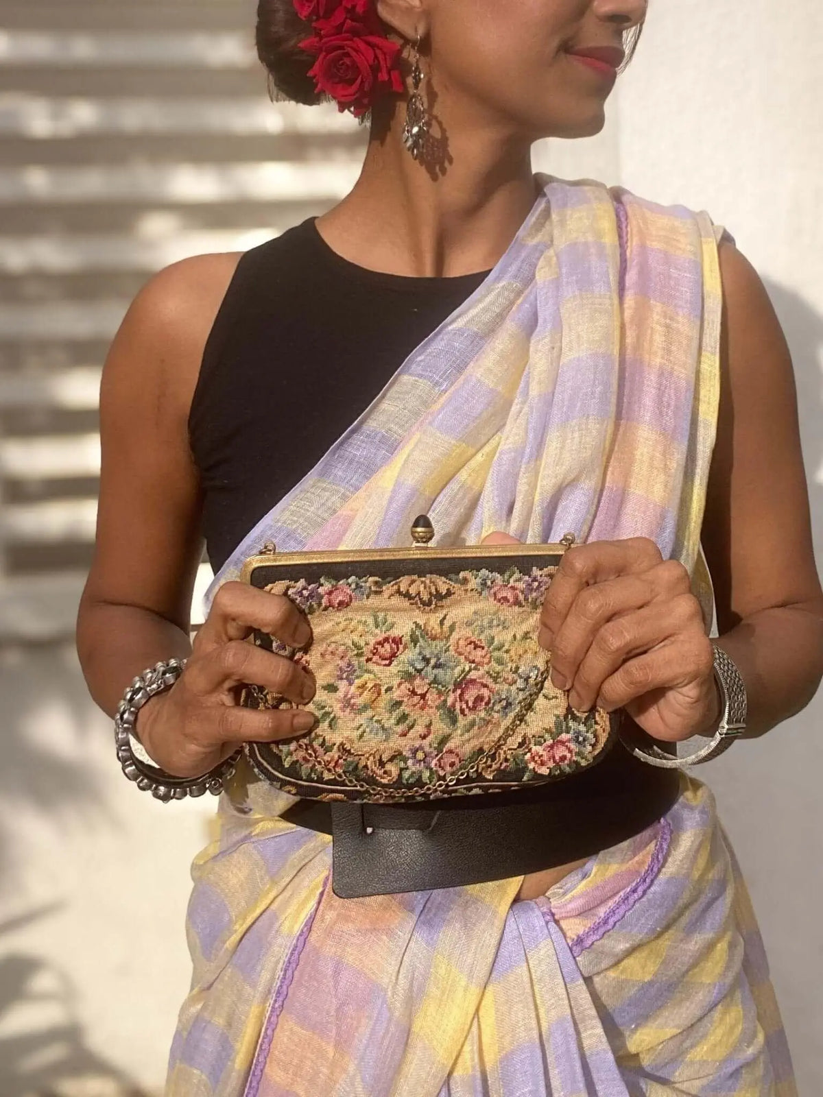 Enamelled 1930's Gilt Frame Petit Point Floral Purse - Rachana Reddy